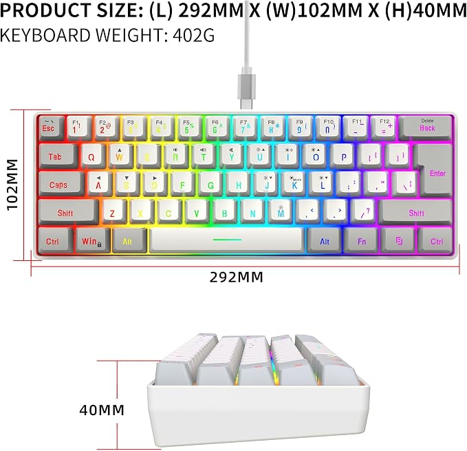 Snpurdiri 60% Wired Gaming Keyboard, 61 Keys RGB (Grey-White) | Backlit Small Gaming Keyboard for PC/Mac Gamer, Typist, Travel, Easy to Carry on Business Trip - Image 5