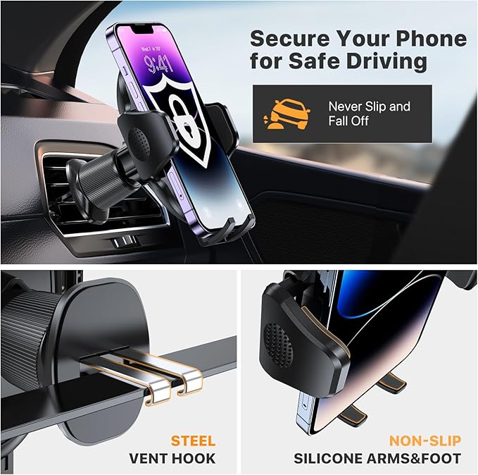 Miracase Phone Holders for Your Car with Metal Hook Clip, Air Vent Cell Phone Stand Car Mount, Universal Automobile Cradle for Garmin GPS Fit iPhone Android and All Smartphones, Carbon Fiber 2 Pack - Image 3