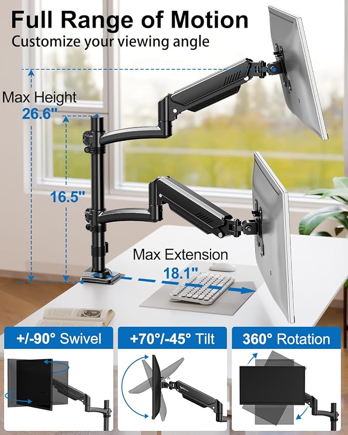 Dual Monitor Stand for Computer Screen up to 32", Holds 22 lbs Each | Taller Monitor Arms Desk Mount, Height Adjustable Gas Spring VESA Mount with C-clamp Grommet Mounting, Black, Freelift - Image 3