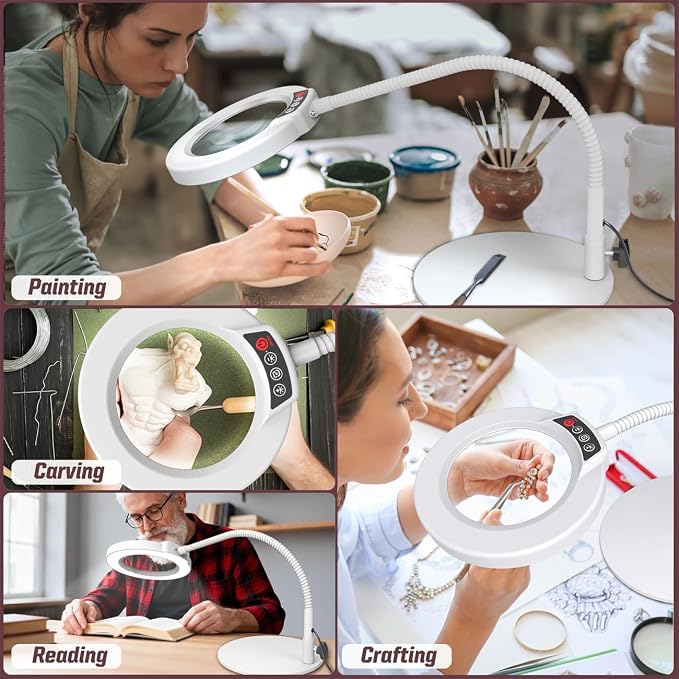 10X Magnifying Glass with Light and Stand, 16.5in Flexible Goose-Neck, 5 Color Modes Stepless Dimmable LED Lighted Desk Lamp, Hands Free Magnifier for Crafting Hobby Painting Close Work - White - Image 7