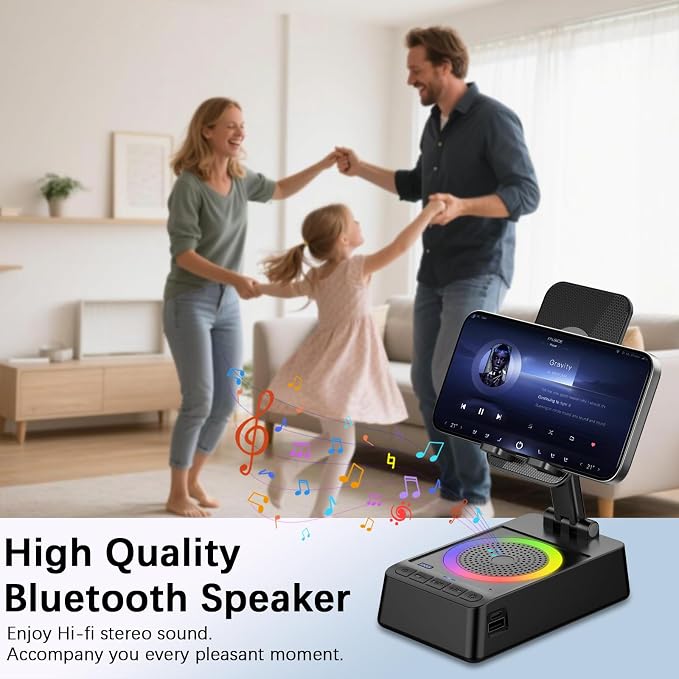Gifts for Men Women, Cell Phone Stand with Wireless Bluetooth Speaker, 4 in 1 Bluetooth Speaker, for Men Women Teens, LED Lights 360° Phone Holder Compatible with Phones iPad - Image 7