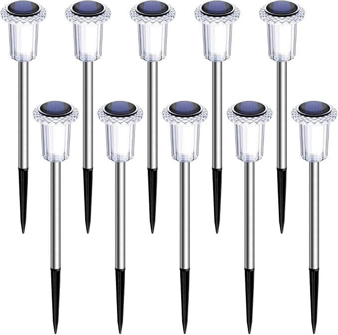 DenicMic 10 Pack Solar Pathway Lights Outdoor Waterproof Warm White LED | Stainless Steel Stake Lights for Garden Patio Backyard Driveway Walkway Lawn Auto On/Off 3000K Diamond-like Acrylic Lens - Image 8