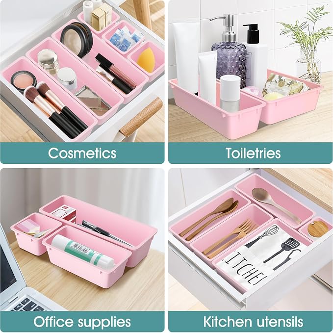 WOWBOX 25 PCS Plastic Drawer Organizer Set, 4 Sizes Desk Drawer Divider Organizers and Storage Bins for Makeup, Jewelry, Gadgets for Kitchen, Bedroom, Bathroom, Office, Pink - Image 6
