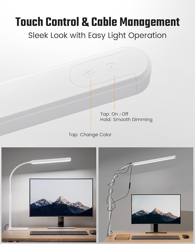 SUPERDANNY Eye-Caring LED Desk Lamp with Base 360° Flexible Gooseneck Work Lamp Touch Control 3 Light Colors Smooth Dimming Task Lighting Reading Light for Home Office College Dorm, White - Image 3