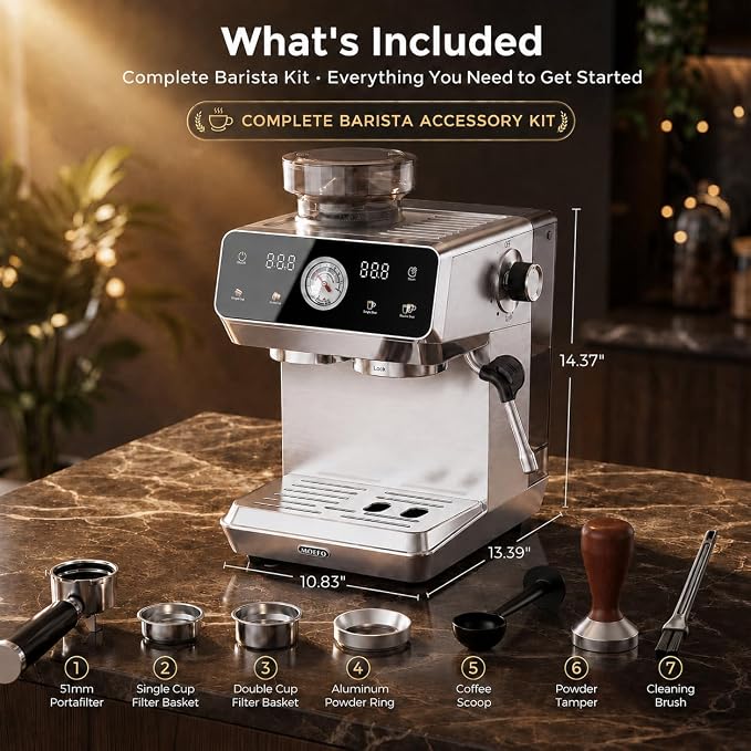 Espresso Machine with Grinder, 20-Bar Programmable Semi-Automatic Coffee Maker, Visual Pressure Gauge & Touchscreen, Compact Design with Tamper, Make Americano, Latte, Cold Brew, Silver - Image 8