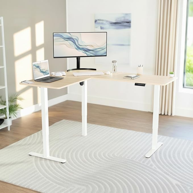 VIVO Light Wood 63 x 55 in Corner Standing Desk, DESK-E3CTC | Electric, Reversible L-Shaped Table, Sit Stand, Height Adjustable, Memory Controller, Office Furniture Sets, White Frame - Image 2