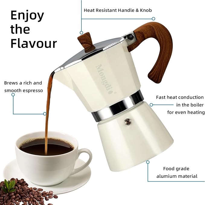 Mongdio Stovetop Espresso Maker Moka Pot, Cuban Coffee Maker Stove top coffee maker Moka Italian Espresso Greca Coffee Maker Brewer Percolator, 6 Espresso Cups, 10 oz - White - Image 3