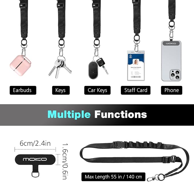 MoKo Universal Phone Lanyard, Nylon Adjustable Cell Phone Crossbody Strap Detachable Women & Men Cellphone Lanyards Around the Neck with Patches for iPhone, Most Smartphones, Black - Image 6