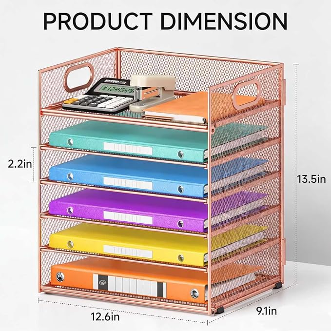 6 Tiers Letter Tray Paper Organizer with Handle, Mesh Desk File Organizer, Metal Desktop Document Shelf Organization, Paper Sorter Organizer for Office, Home or School File Folder Holder (Rose Gold) - Image 3