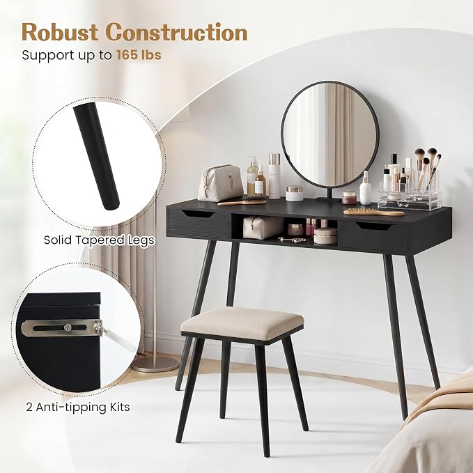 Giantex Mid Century Modern Computer Desk with Drawers, 42.5" Writing Desk with Open Storage Cubby, Vanity Table with Metal Leg, Compact Wooden Study Table for Small Spaces Home Office (Black) - Image 6
