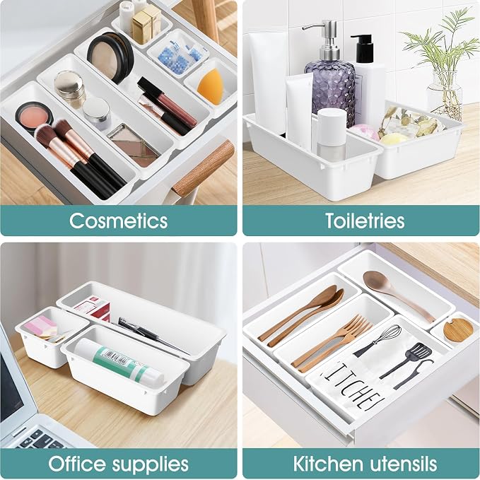 WOWBOX 25 PCS Plastic Drawer Organizer Set, 4 Sizes Desk Drawer Divider Organizers and Storage Bins for Makeup, Jewelry, Gadgets for Kitchen, Bedroom, Bathroom, Office, White - Image 4