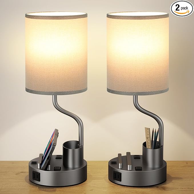 Fenmzee Bedside Lamps for Bedroom Set of 2 - Table Desk Lamp for Nightstand | 15" Table Lamp for Living Room with Pen Holder & Phone Stand, USB A+C Port, AC Outlet, 3 Color Temperature, LED Bulb Included by Fenmzeelighting