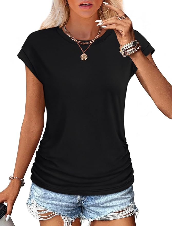 Sampeel Womens Summer Tops Trendy 2026 Ruched Cap Short Sleeve Tshirts Shirts Crew Neck T Shirts Fashion - Image 2