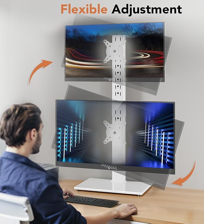 Dual Monitor Stand - Vertical Stack Screen Free-Standing Monitor Riser Fits Two 13 to 34 Inch Screen with Swivel, Tilt, Height Adjustable, Holds One (1) Screen up to 44Lbs HT05W-002 White - Image 4
