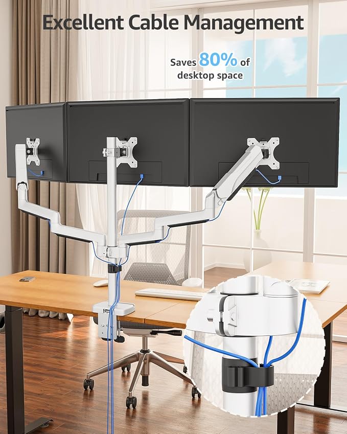 MOUNTUP Triple Monitor Stand Mount - 3 Monitors Desk Mount for Computer Screens Up to 27 inch, Triple Monitor Arm, Heavy Duty Monitors Stand, Each Arm Holds 4.4-19.8 lbs, White - Image 7