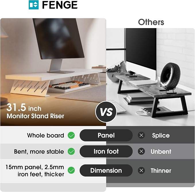 Fenge Monitor Stand Riser, Desk Top Shelf for 2 Monitors, Computer Stands for Desk, Wood & Steel Desktop Riser for Laptop, PC, Printer - Image 3