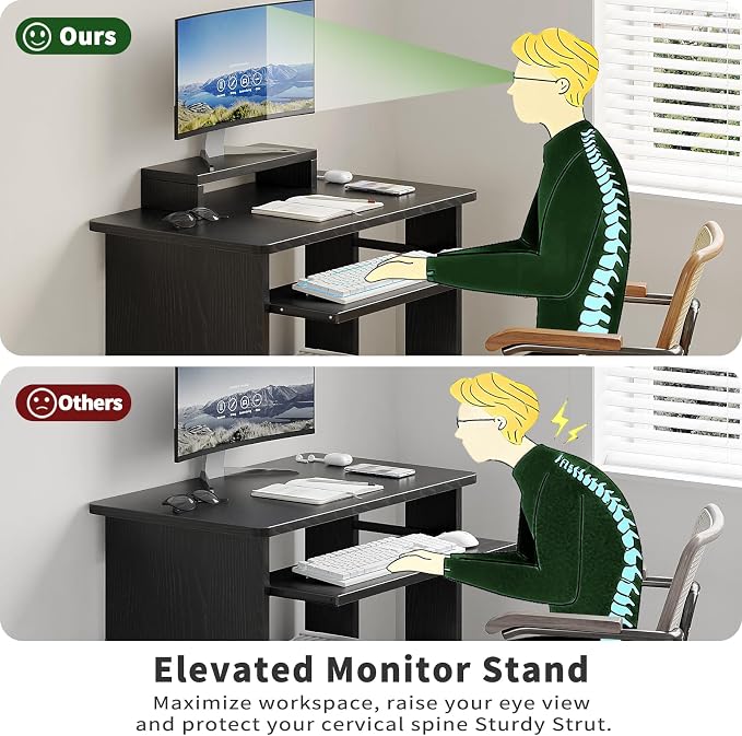 ALISENED 30 Inch Computer Desk, with Keyboard Tray & Monitor Stand | Compact Desk for Space-Saving, Ergonomic Study Desk with Storage Shelves for Writing, Gaming, Working, Black - Image 5