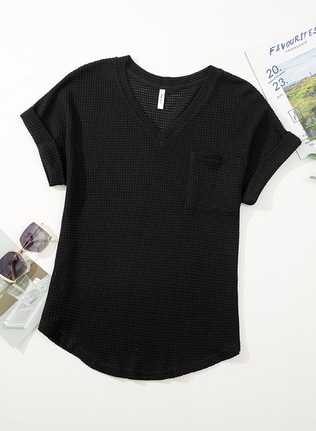 Dokotoo Womens Waffle Knit Tops 2026 Spring Summer V Neck Shirts Casual Trendy Women's Blouses Basic Tee - Image 5