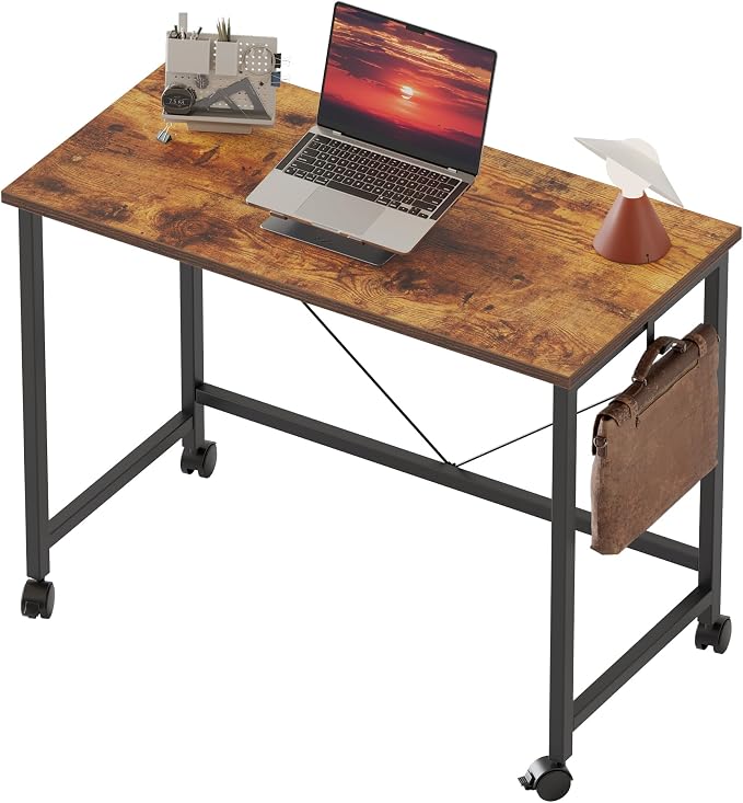 Mericonia 32x16 Inch Computer Desk with Wheels, Small Simple Rolling Desk | Writing Table for Home Office Bedroom Work Study, Brown by MERICONIA