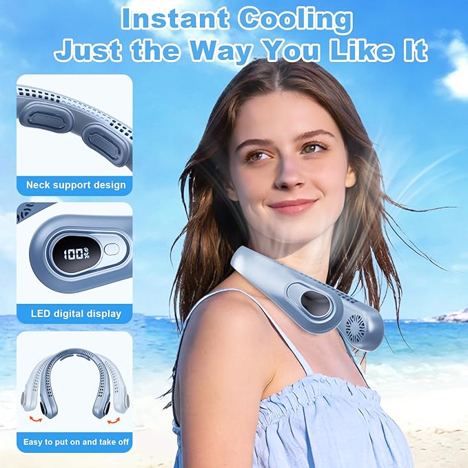 Portable Neck Fan Rechargeable - [with LED Display] 5 Speeds, 5000 mAh Battery Operated Wearable Personal Cooling Bladeless Fan for Outdoor Travel, Gifts for Men Women Kids,Sky Blue - Image 2