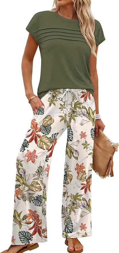 WIHOLL Two Piece Set for Women Summer Spring Outfits Matching Sets Women Clothing Airport Travel Vacation Wide Leg Pants - Image 2