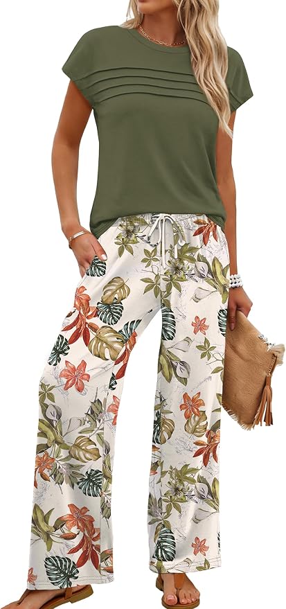 WIHOLL Two Piece Set for Women Summer Spring Outfits Matching Sets Women Clothing Airport Travel Vacation Wide Leg Pants - Image 2