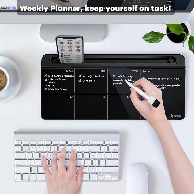 Varhomax Glass Weekly Planner Desk White Board, Desktop Calendar Whiteboard with Storage, to Do List Memo Caddy for Home Office and School Supplies, Black - Image 2