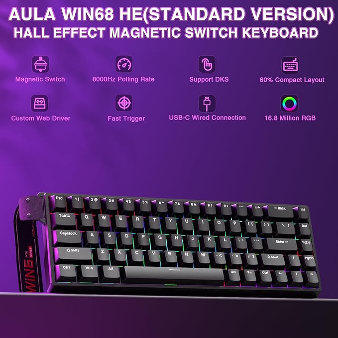 AULA WIN68 HE Mechanical Gaming Keyboard 60%, Hall Effect Magnetic Switch, Fast Trigger Mode Adjustable Actuation, 8000Hz Polling Rate, RGB Backlit, Wired Black Keyboard for Laptop/PC Gamer - Image 2