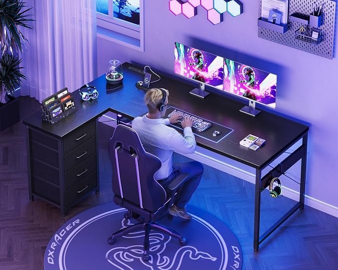AODK 61" L Shaped Gaming Desk with 4 Drawers and Power Outlets, Black | USB Ports, PC Tower Stand, Hooks, Reversible Corner Layout for Gaming Rooms, Bedrooms and Home Office - Image 7