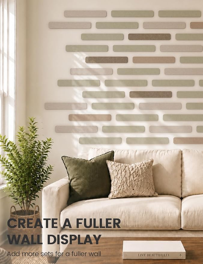Fluxynara 13" x 2" Felt Wall Panels, Linen Dusk | 5-Pack Cork Board Alternative with 35 Push Pins, Adhesive Mounting for Bedroom Door or Home Office - Image 7