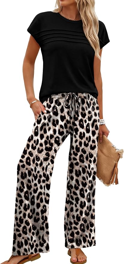 WIHOLL Two Piece Set for Women Summer Spring Outfits Matching Sets Women Clothing Airport Travel Vacation Wide Leg Pants - Image 2