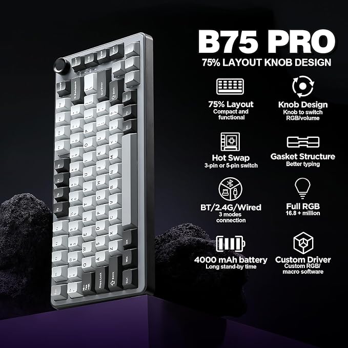 YUNZII B75 PRO 75% Wireless Mechanical Keyboard (Dark Grey,Cocoa V2) | Hot Swap Keyboard with Knob, Gasket Mount, Creamy Pre-lubed Switch for Smooth Typing, BT/USB-C/2.4G, for Gaming - Image 2