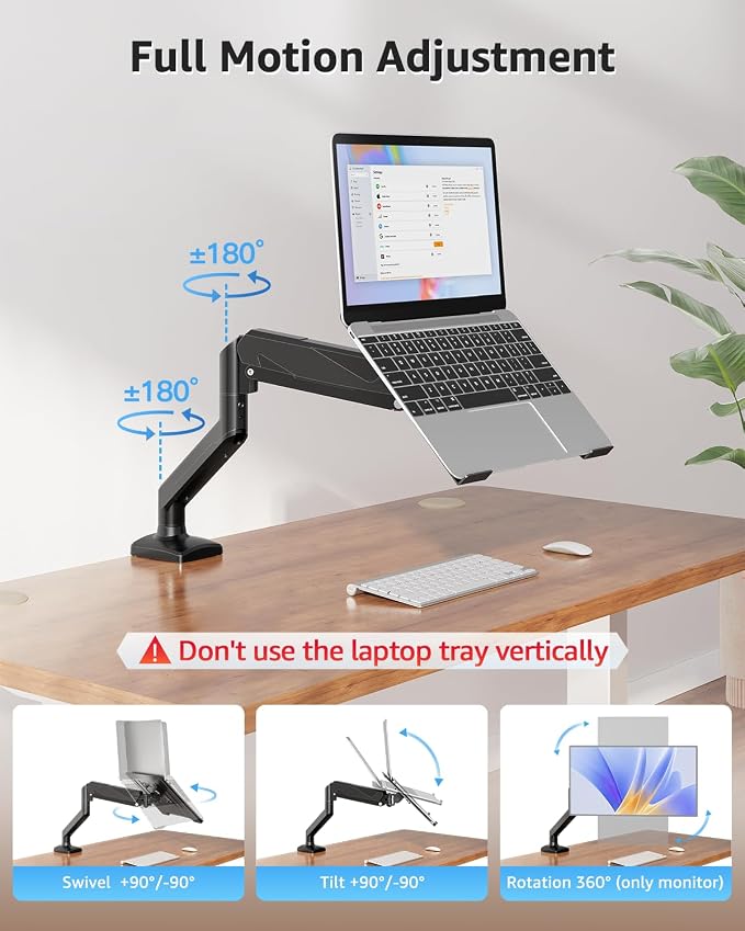 MOUNTUP Laptop Stand for Desk, Adjustable Aluminum Laptops Arm Mount for 14-17 Inch Notebook & 32" Monitor, Laptops Arm for Desk Support for 2.2-19.8lbs, 2-in-1 Laptop Desk Mount with Clamp/Grommet - Image 3