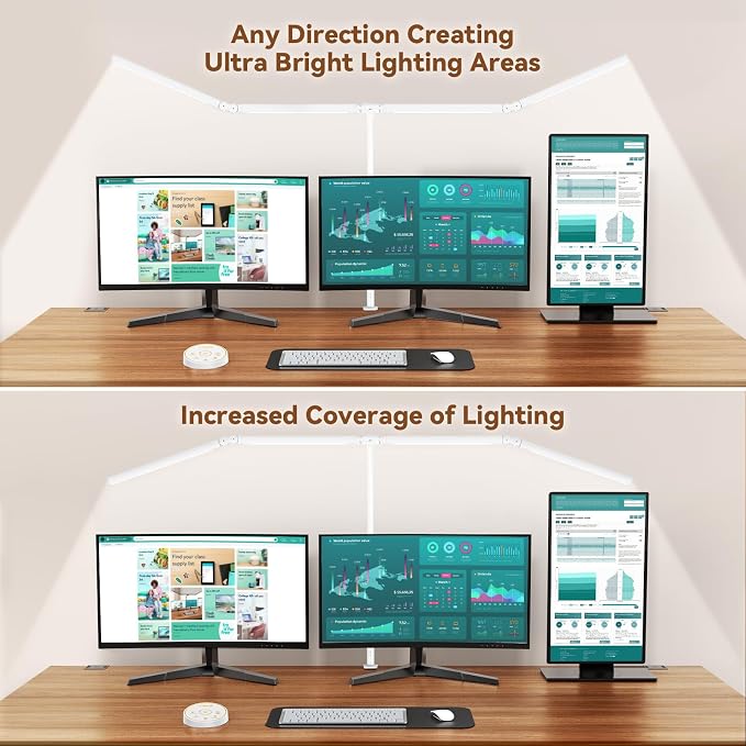 Pzloz Led Desk Lamp with Clamp: Architect Desk Lamp for Home Office, Eye Caring Double Head Computer Monitor Work Desk Light with Remote Control - 24W Flexible Dimmable Desktop Table Lamp White - Image 2