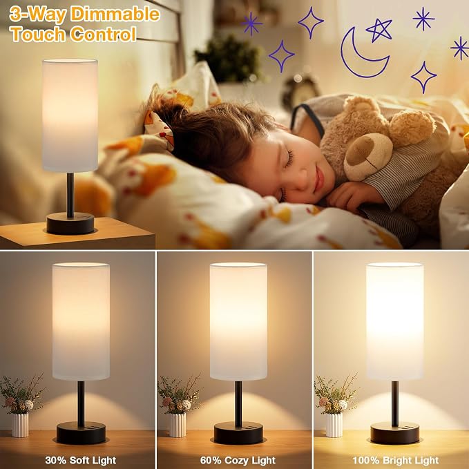 Dicoool Bedside Table Lamp for Bedroom - 3-Way Dimmable Touch Lamp, USB A+C | LED Bulb Included, 14" Small Nightstand Lamp for Desk, Living Room, Guest Room, White Fabric Lampshade, Black Metal Base - Image 3