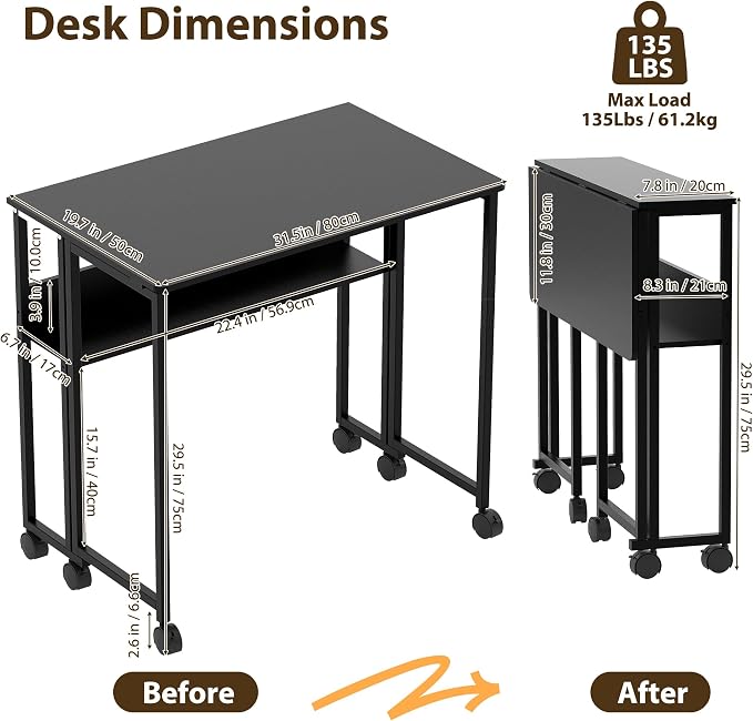 Folding Desk Small Rolling Desk with Storage Shelf,31.5 Inch Foldable Computer Table with Wheels,Portable Office Desk for Small Space Sofa Table,Easy to Fold,Writing Work Office Computer Desk,Black - Image 2