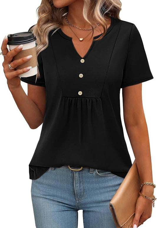 Zeagoo Womens Short Sleeve Tops Summer Henley V-Neck Tshirts Casual Pleated Blouse Dressy Loose Floral Basic Tee by Zeagoo
