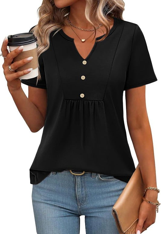 Zeagoo Womens Short Sleeve Tops Summer Henley V-Neck Tshirts Casual Pleated Blouse Dressy Loose Floral Basic Tee by Zeagoo