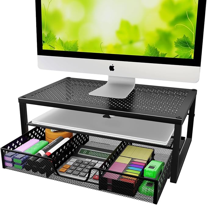 Simple Trending Metal Monitor Stand Riser and Computer Desk Organizer with Drawer for Laptop, Computer, iMac, Black | 16"W x 10"D x 6.25"H. Sturdy Metal Frame. 2-tier + drawer. Holds 66 lbs. Anti-slip. Fits laptop, monitor, iMac. Easy assembly by SimpleTrending