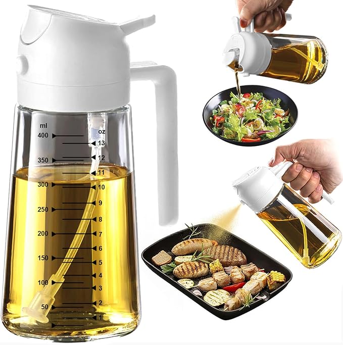 TrendPlain 16oz/470ml Glass Olive Oil Sprayer for Cooking – 2 in 1 Olive Oil Dispenser Bottle for Kitchen Gadgets and Air Fryer Accessories, Salad, BBQ - White by TrendPlain