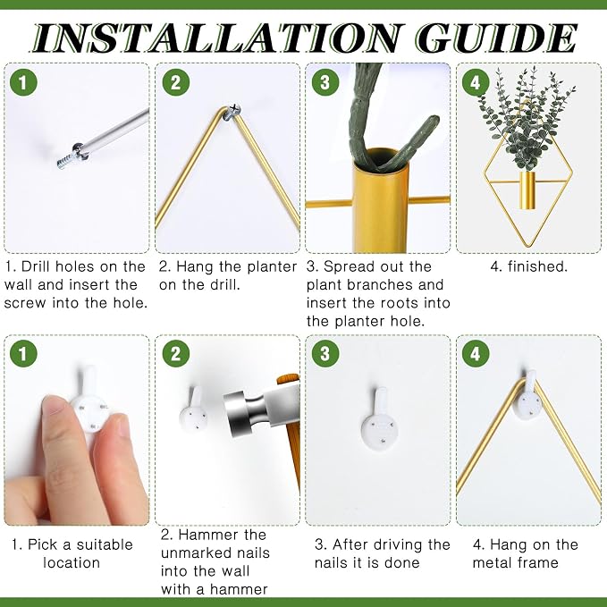Jexine 8 Pcs Hanging Planters with Artificial Eucalyptus Metal Hanging Vase Indoor Plants Holder Modern Geometric Boho Bathroom Wall Decor for Living Room Home Office (Eucalyptus,Gold) - Image 3