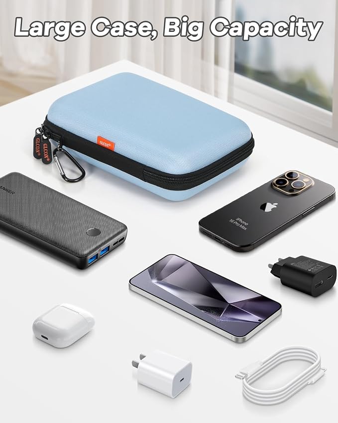 Shockproof Hard Shell Carrying Case - Light-Blue Case for External Hard Drive, Power Bank, Charger, Cable, Cell Phone, Electronic Accessories - Larger Capacity Storage Pouch Portable Travel Bag - Image 3