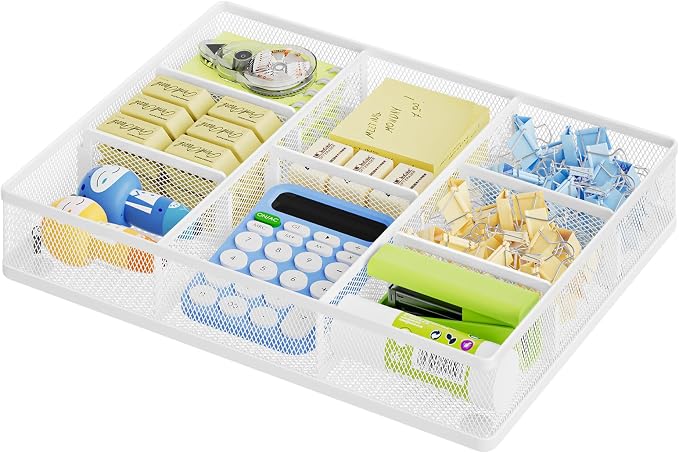 Marbrasse Desk Drawer Organizer, Metal Mesh Drawer Organizer Tray with 5 Adjustable Compartments,Desk Organizers and Accessories for Home,Office,Kitchen,Makeup,Vanity (White) by Marbrasse