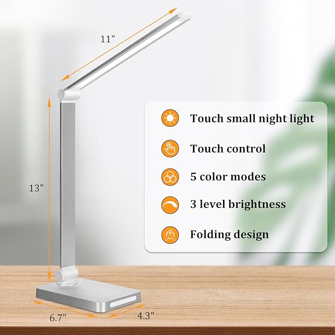 Dott Arts LED Desk Lamp with USB Ports,Touch Desk Lamps for Home Office with 5 Color Modes,3 Brightness Desk Light with Small Night Light,Reading Lamp Table LED Lamp for Bedroom Bedsid Study Sliver | 3 Brightness Desk Light with Small Night Light,Readi... - Image 3