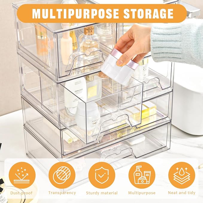 Stebopum 6 Pack Stackable Storage Drawers Clear Acrylic Organizer Makeup Bathroom Organizer and Storage Bins for Beauty Supplies,Ideal for Vanity, Bathroom,Pantry Organization - Image 4