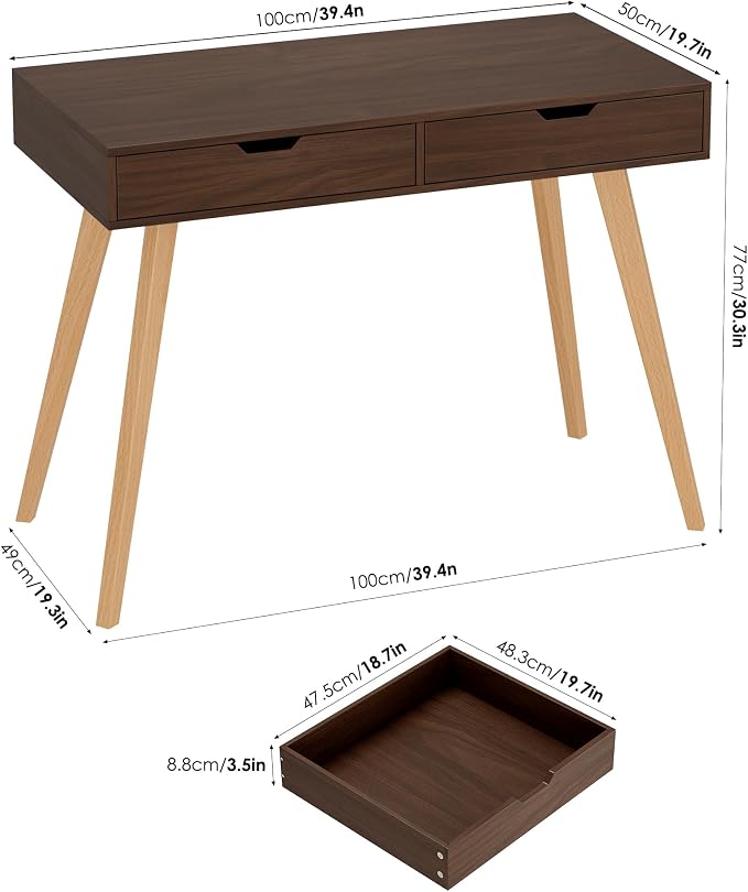FOTOSOK White Computer Writing Desk with 2 Drawers, Small Desk Makeup Vanity Table Wood Desk with 4 Oak Legs, Modern Home Office Desk Console Study Table, Walnut - Image 3