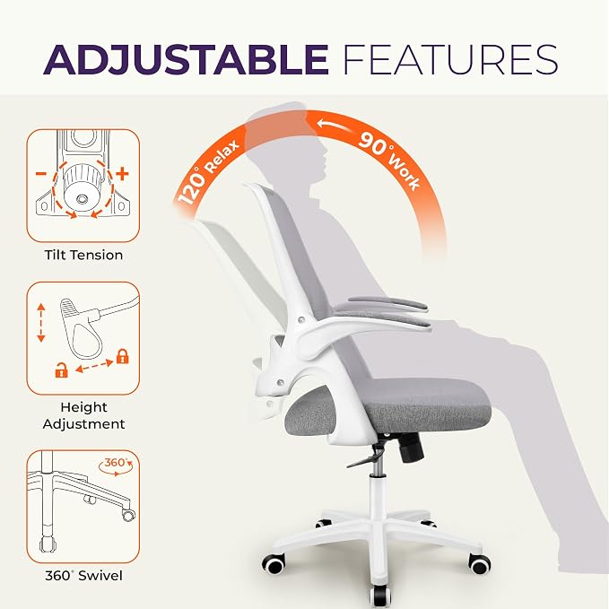 NEO CHAIR Office Desk Chair, Ergonomic Mesh with Flip-Up Armrests, Grey | Lumbar Support, Height Adjustment, 360° Swivel and Rolling Base, Space-Saving Design for Home Office, Vanity or Study - Image 5