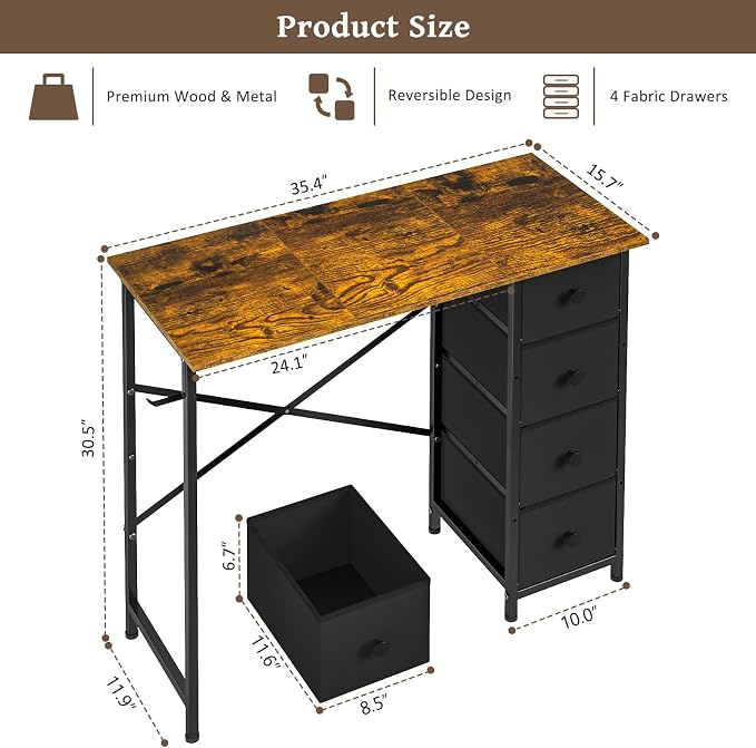Small Computer Desk with 4 Fabric Drawers, 36 Inch Reversible Writing Desk for Home Office Bedroom, Modern Simple Kids Student Study Desk with Storage, Compact Desk for Small Spaces, Rustic Brown - Image 2