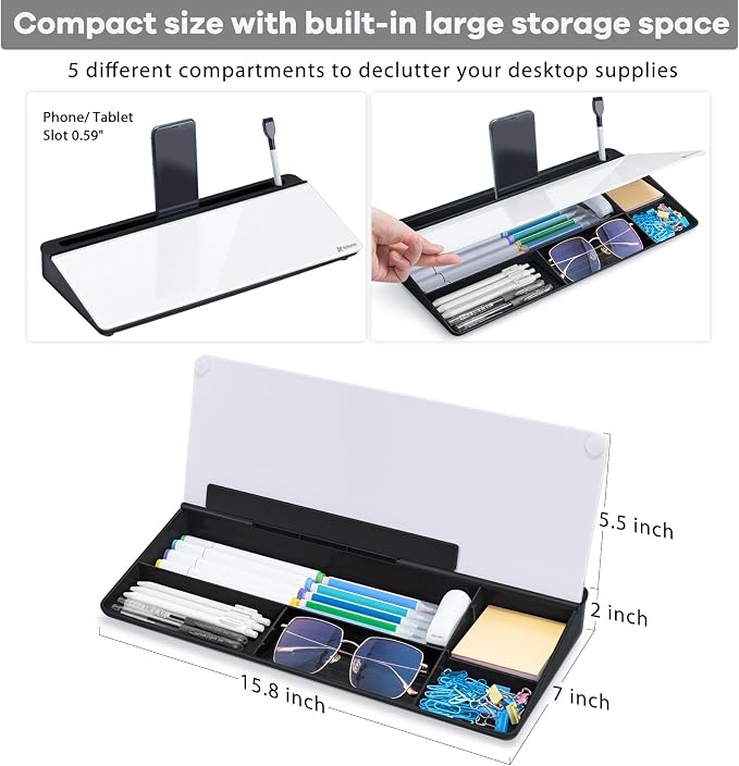 Varhomax Glass Desk Whiteboard with Storage, Desktop Organizer to-do List Memo Notepad Dry Erase White Board for Home Office and School Supplies (Black&White) - Image 3