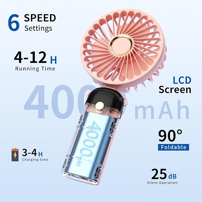 Morelax Handheld Mini Fan,USB Rechargeable Fodable Personal Fans 4000mAh,90 Adjustable, 6 Speed Strong Wind,Portable Fan Pocket Design 5 IN 1Cooling Table Fan for Office School Outdoor Travel,Pink - Image 2